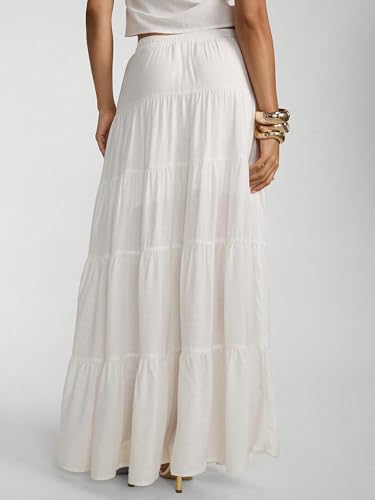 Image of Women's Boho Maxi Skirt Ruffle Flowy Low Rise A Line Beach Long Skirts | Flared Ruffle, Elastic Waist, Summer Vacation Skirts