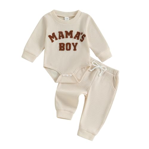 Image of Gobuuly Newborn Baby Boy Clothes Mamas Boy Letters Embroidered Waffle Baby Sweatshirt Romper + Pants Sets Fall Winter Outfits