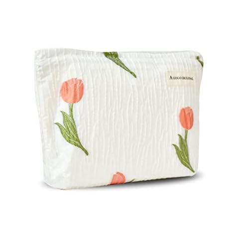 Fycyko Makeup Bag Tulip Printing Portable Travel Floral Canvas Clutch Cosmetic Bag for Women,Toiletry Bag Handbag Zipper Pencil Case Small Purse Makeup Pouch Organiser Gift for Women Girl - White Cover