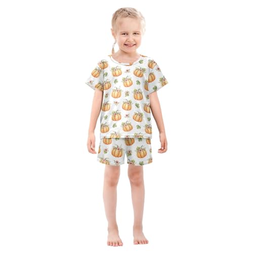 Pajama Short Sets Pumpkin Floral Pattern Soft Cotton Summer Sleepwear 2 Piece PJS Size 5-14T4