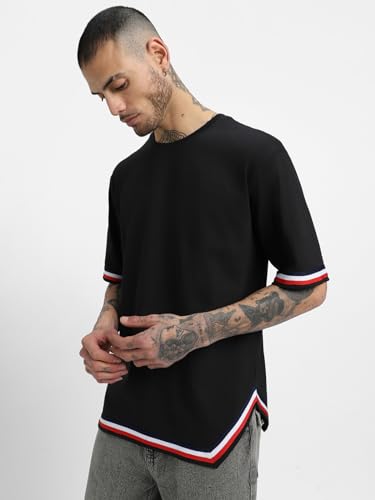 Image of Veirdo Pure Cotton Oversized Baggy Fit Half Sleeve Round Neck Tapered Hemline with Side Cuts T-Shirt for Men (Available in Black, Mustard, Fog Green, Navy)