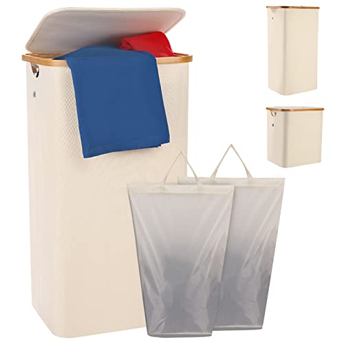 Yamagahome Laundry Basket With Lid, 100L Large Laundry Collector Storage Basket With 2 Removable Washable Laundry Bags, Foldable Big Laundry Sorter Made Of Bamboo And Oxford Fabric For Bedrooms #TOP11