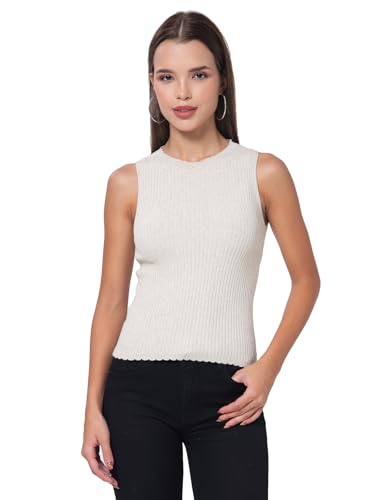 Image of Kalt Womens Knitted, Ribbed Cotton Fitted Sleeveless Round Neck Cami Tank Top