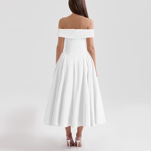 Image of Women's Summer Off Shoulder Fit and Flare Midi Dress - Sleeveless Sexy A Line Corset Club Party Going Out Dresses