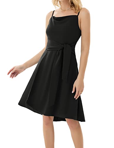 GRACE KARIN Chic Robe Bretelles Col en V Taiille Noué Vintage Robe Cocktail Soirée Trapèze Plissée Couleur Unie Noir -2 M