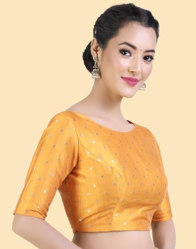 Image of Studio Shringaar Women Cotton Silk Silky Brocade Readymade Elbow Length Sleeves Saree Blouse Choli