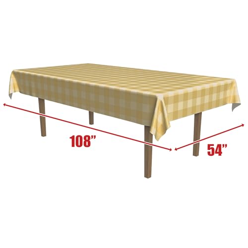 Image of Beistle Beige Cream Plaid Plastic Tablecover 54 x 108 Inch 2 Pack