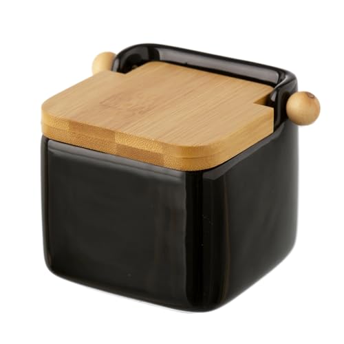 Salero Cuadrado de cerámica con Tapa de Madera (12x12x11 cm). Color Negro