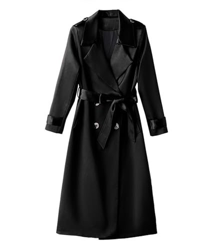 Betusline Women's Satin Trench Coats Double-Breasted Long Coat with Belt