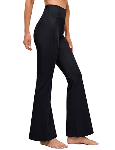 BMJL Flare Yoga Pants for Women with Pockets Ribbed Tummy Control Leggings High Waisted Workout Leggings(M,Black)