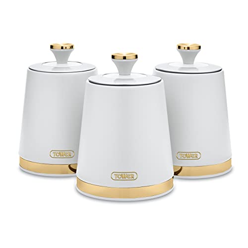 Tower T826131WHT Cavaletto Set of 3 Storage Canisters for Coffee/Sugar/Tea, Steel, White and Champagne Gold