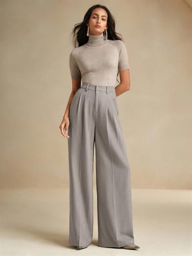 Image of KOTTY Women's High Waist Solid Color Hook and Bar Wide Leg Trousers Loose Comfort Trouser with Pockets