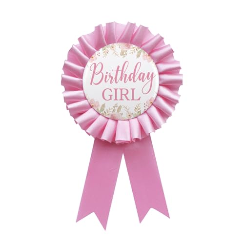 Birthday Girl Tinplate Badge Pin, Happy Birthday Pink Leaves Pattern Pink Corsage Button for Women Girl Birthday Award Ribbon Party Decorations