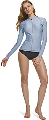 Tsla Women's Upf 50+ Zipper Rash Guard, Water Surfing Long Sleeve Swimsuit, Uv/Sun Protection Swim Shirts Wetsuit Top, Full Zip Rashguard Ash Blue, Large #TOP6