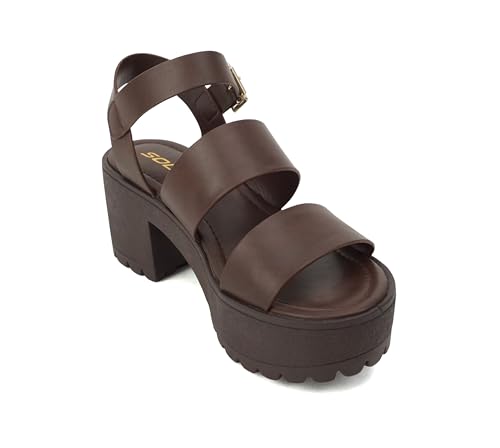 Image of Soda ACCOUNT ~ Women Open Toe Two Bands Lug sole Fashion Block Heel Sandals with Adjustable Ankle Strap