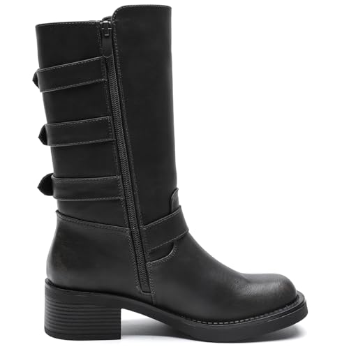Image of GLOBALWIN Chunky Mid Calf Fashion Dressy Motocycle Biker Military Style Combat Boots for Women Low Heel