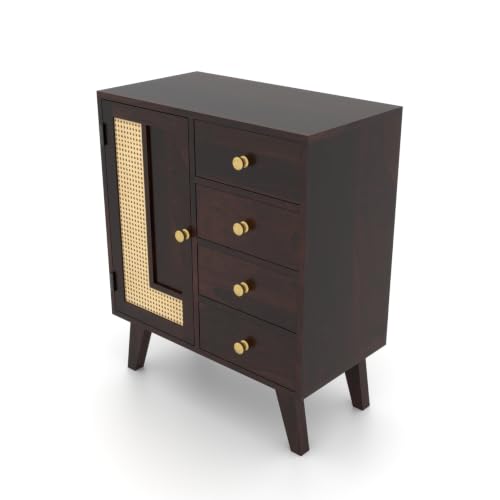Image of Solid Sheesham Wood Chest of Drawers with Cane Panel | Wooden Storage Cabinet with 4 Drawers & 1 Door