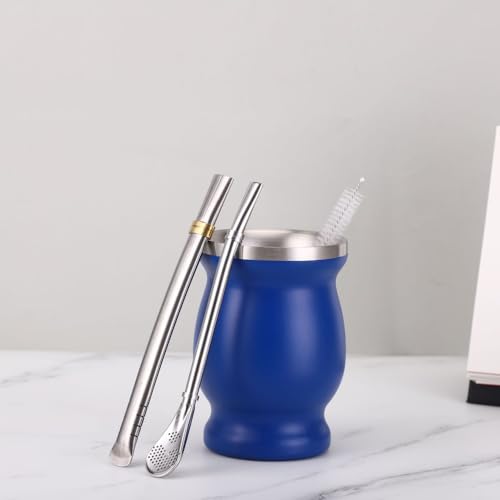 マテ茶カップ ステンレス製 アルゼンチン230ml マテゴード マテ茶 グアンボ グァンボ ボンビージャ付(ステンレスストロー付),ブラウン (ブルー)