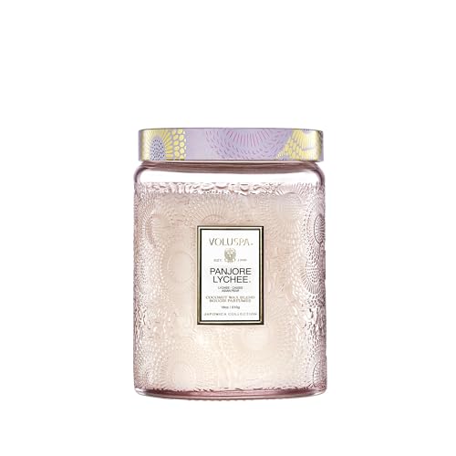 Voluspa Panjore Lychee, Large Candle Jar, 18 oz, 100 Hour Burn Time, Coconut Wax for Clean Burning, Handcrafted in the USA Voluspa Panjore Lychee, Large Candle Jar, 18 oz, 100 Hour Burn Time, Coconut Wax for Clean Burning, Handcrafted in the USA