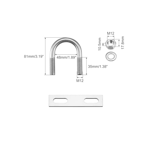 Image of uxcell Round U-Bolts, 2 Sets 48mm(1.89 inch) Inner Width 81mm Length M12 304 Stainless Steel U Clamp Bolt with Nuts Washers and Plates, for Boat Trailer