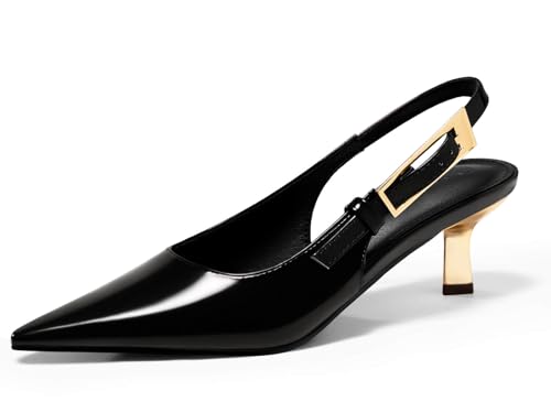 Coutgo Womens Slingback Kitten Heels Closed Pointed Toe Pumps Buckle Strap Wedding Party Dress Shoes, Black, Size 7