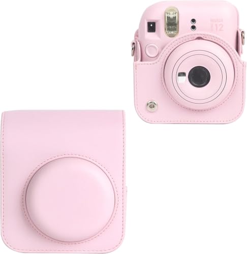 Image of Breatoi PU Leather Camera Case for Mini 12 - Rainproof, Soft, and Stylish in Blossom Pink with Adjustable Shoulder Strap