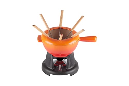 Le Creuset Set de fondue para queso de hierro fundido, Con 2 asas, tapa antisalpicaduras, quemador y 6 tenedores para fondue, Volumen 2 L, Volcanico, 60020000902460