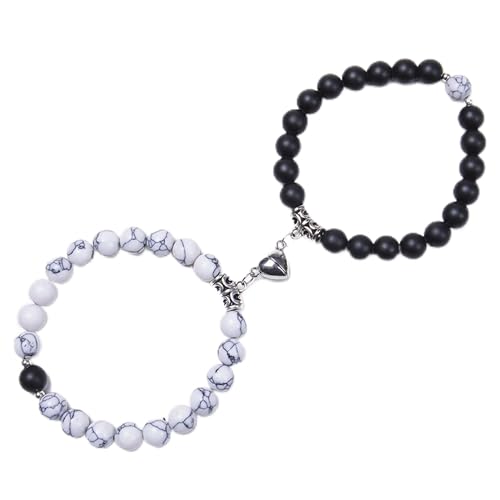 Image of Fashion Frill Stylish Couple Bracelets Black & White Red Natural Stone Onyx Stretchable Wrist Band Heart Magnetic Bracelet For Women Men Boys Girls Love Gifts Friendship Promise Bracelets