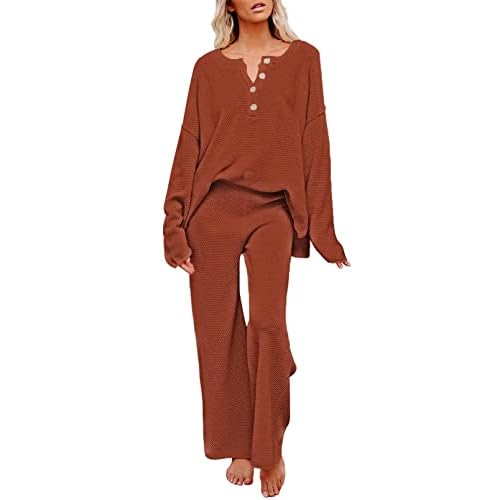 Pink Queen Women's 2 Piece Outfit Set Long Sleeve Button Pullover Sweater Top and Wide Leg Pants Knit Sweatsuit Burnt Orange Medium