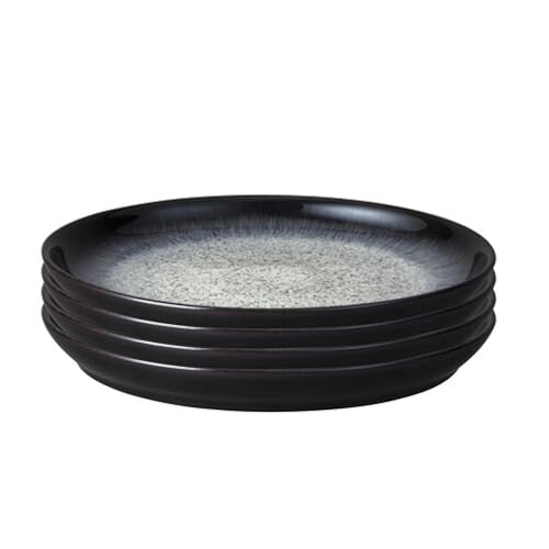 Denby - Halo Coupe Medium Plates Set of 4 - Reactive Glaze Dishwasher Microwave Safe Crockery 21cm - Black, Grey Ceramic Stoneware Tableware - Chip & Crack Resistant
