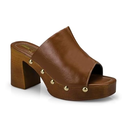 Tamanco Feminino Sandália Salto Alto Grosso Bloco Madeira 007-011 (Caramelo, BR, Adulto, Numérico, 35)