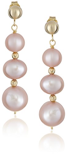 14K Yellow Gold Graduated 6.5-9.5Mm Pink Freshwater Cultured Pearl With Sparkling Beads Dangle Earrings #TOP9