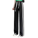 Pantalones deportivos holgados de primavera para mujer, con cordones laterales y pierna ancha, cintura alta elástica, rectos, Negro, 3XL
