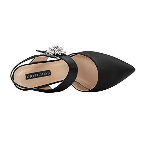Image of ERIJUNOR Mid Heel Shoes for Women Pointed Toe Slingback Rhinestone Brooch Satin Dress Pumps Evening Prom Wedding Shoes