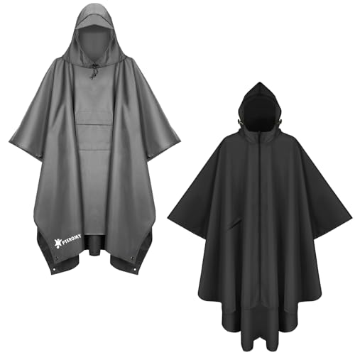 PTEROMY Hooded Rain Poncho with Pocket(Grey)+Hooded Rain Poncho with Pocket and Zipper(Black)