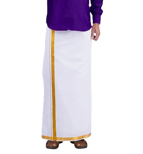 Prakasam Cotton Men's White Colour Jari Border Welcro Pocket Stitched Jumbo Size Dhoti/Size Hip -52 Inches- Length- 42 Inches