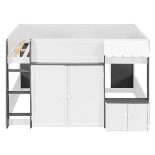Image of Full House Loft Bed with Playhouse & Storage, Modern Wood Cabin Bed for Kids /Teens (White+Gray)