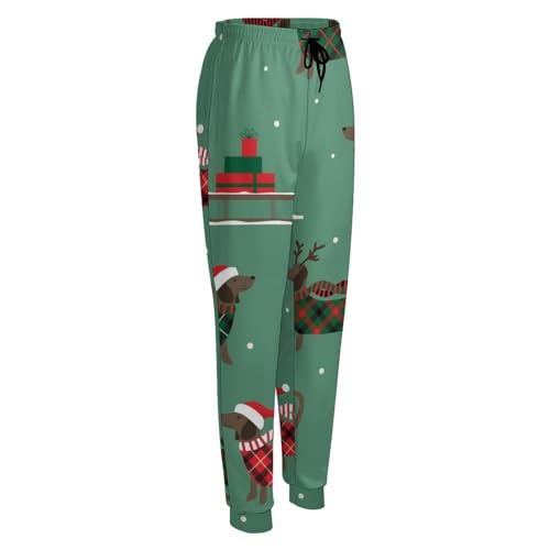 Qjjinxior Jogginghose, Palmblatt- und Monstera-Sweathose, Damenhose mit Kordelzug für Workout, Lounge, Sport, Weihnachtlicher Dackel-Hund, XL