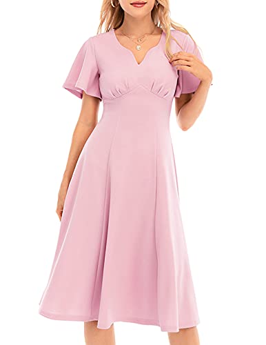DRESSTELLS Women Homecoming Fit and Flare Dress Modest Tea Dresses Semi Formal Church Dress Flared Sleeve Aline Swing Dresses for Wedding Pink M