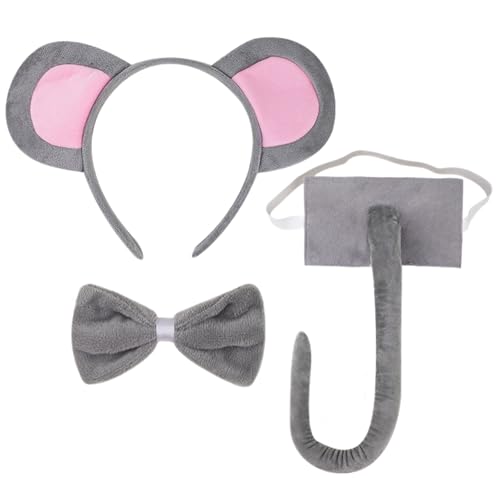 TUONYIS Mausohren-Haarreif, mit Maus-Krawatte und Mausschwanz, Maus-Tier-Kostüm, Kopfschmuck für Kinder, Fasching, Cosplay, Karneval, Halloween-Kostüm, Grau, Einheitsgröße