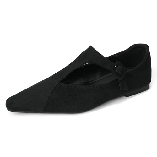 NBZKBNG Women's Suede T-Strap Mary Jane Flats Sexy Pointed Toe Slip-On Ballet Flats with Adjustable Buckle Strap Fashion Date Ballroom Dancing Loafer Shoes (Black,9)