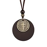 Popeoiuh Leather Necklace for Women Men Gold Alloy Cross Brown Round Wood Pendant Boho Sweater Choker Necklaces with Brown Leather Cord