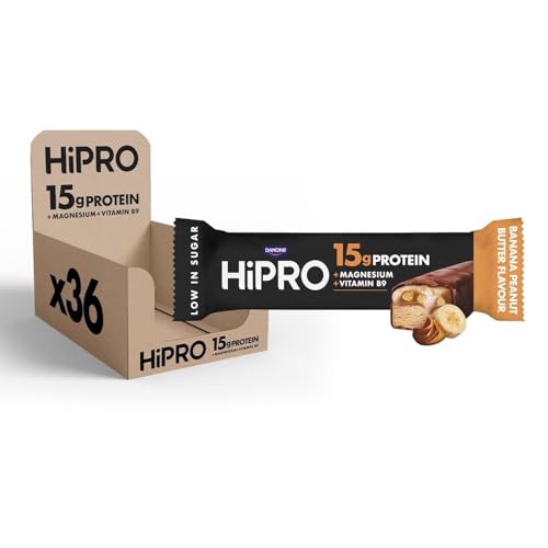 Danone HiPRO Barre Protéinée - Banane Beurre de Cacahuète - 36 x 55g - Encas Riche en Protéines