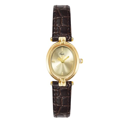 Zeruye Vintage Gold Oval Watches for Women Fashion Dainty Analog Quartz Business Wristwatch Small Ultra-Thin Ladies Dress Watch with Leather Strap, Brown, Retro
