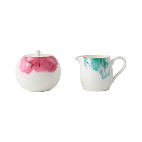 Amazon Brand - Umi Creme- und Zucker-Set, Aquarellfarben mit Goldstreifen, hochwertiges Porzellan Cover