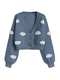 SHENHE Women's Button Down Sweater Cloud Printed V Neck Long Sleeve Crop Knit Cardigan Top Deep Blue Small