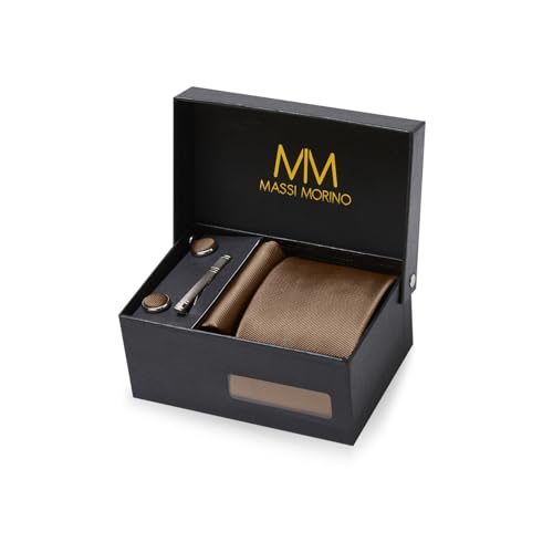 Massi Morino Krawatte Braun mit Einstecktuch Set Herren inkl. Manschettenknöpfe, Krawattennadel und Geschenkbox | Männer Krawattenset zur Hochzeit