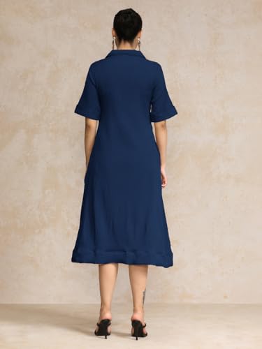 Image of Varanga Women Beige A -line Calf Length Dress Featuring Classic Shirt Collar and Short Sleeves which offering Comfort and Ease