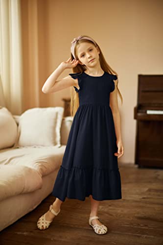 Arshiner Girls Long Lace Formal Dresses Round Neck Flutter Sleeves Elegant Banquet Dress With Leather Belt Navy Blue Size 5-6 Years #TOP1