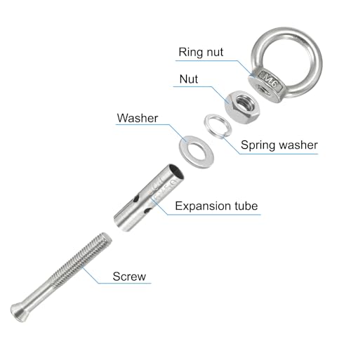 Image of PATIKIL Expansion Eye Bolt M6x50mm, 6 Pack 304 Stainless Steel Shoulder Anchors Eyebolt Screw with Eye Ring for Concrete Brick Walls Canopy Engineering Rigging Silver